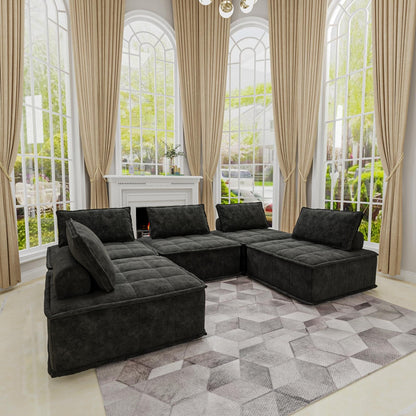 Black Oversized 5-piece Chenille Modular Square Sofa Set with High-Density Foam Cushions, Free Combination
