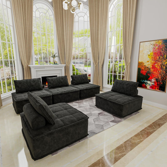 Black Oversized 5-piece Chenille Modular Square Sofa Set with High-Density Foam Cushions, Free Combination