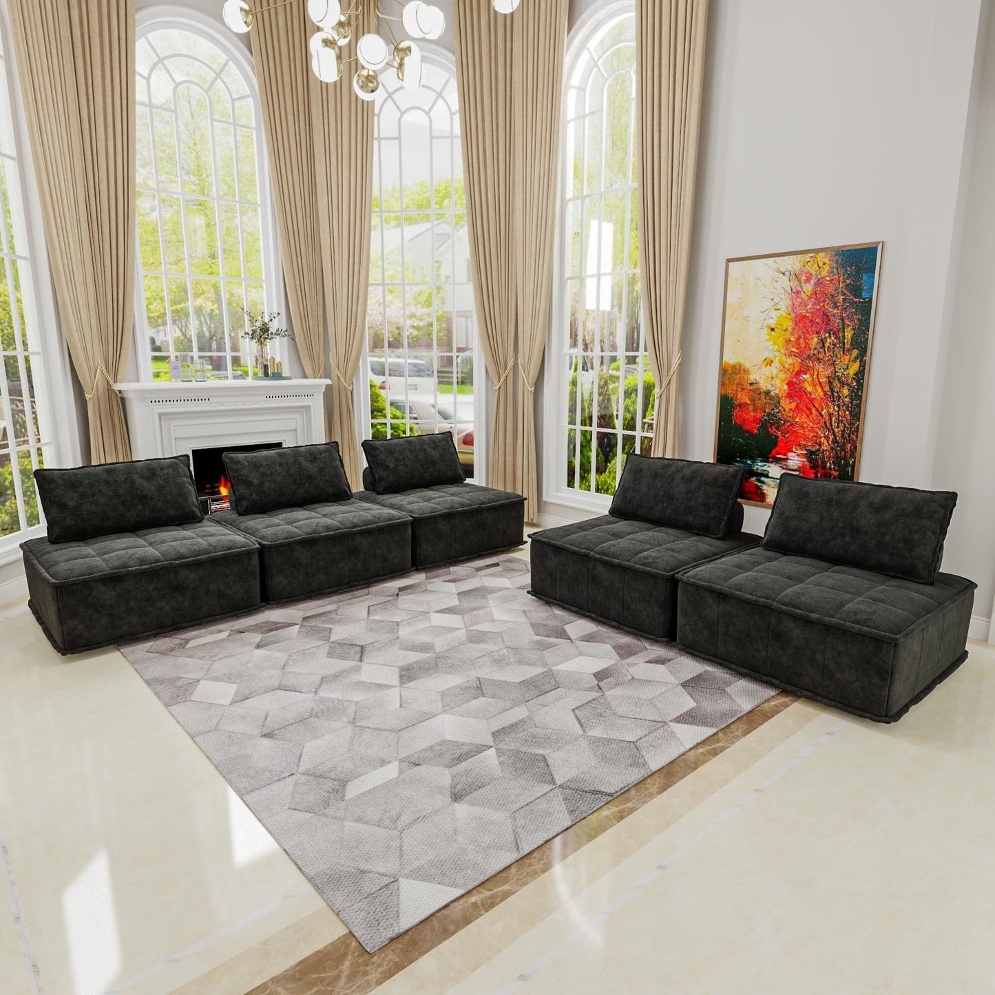 Black Oversized 5-piece Chenille Modular Square Sofa Set with High-Density Foam Cushions, Free Combination