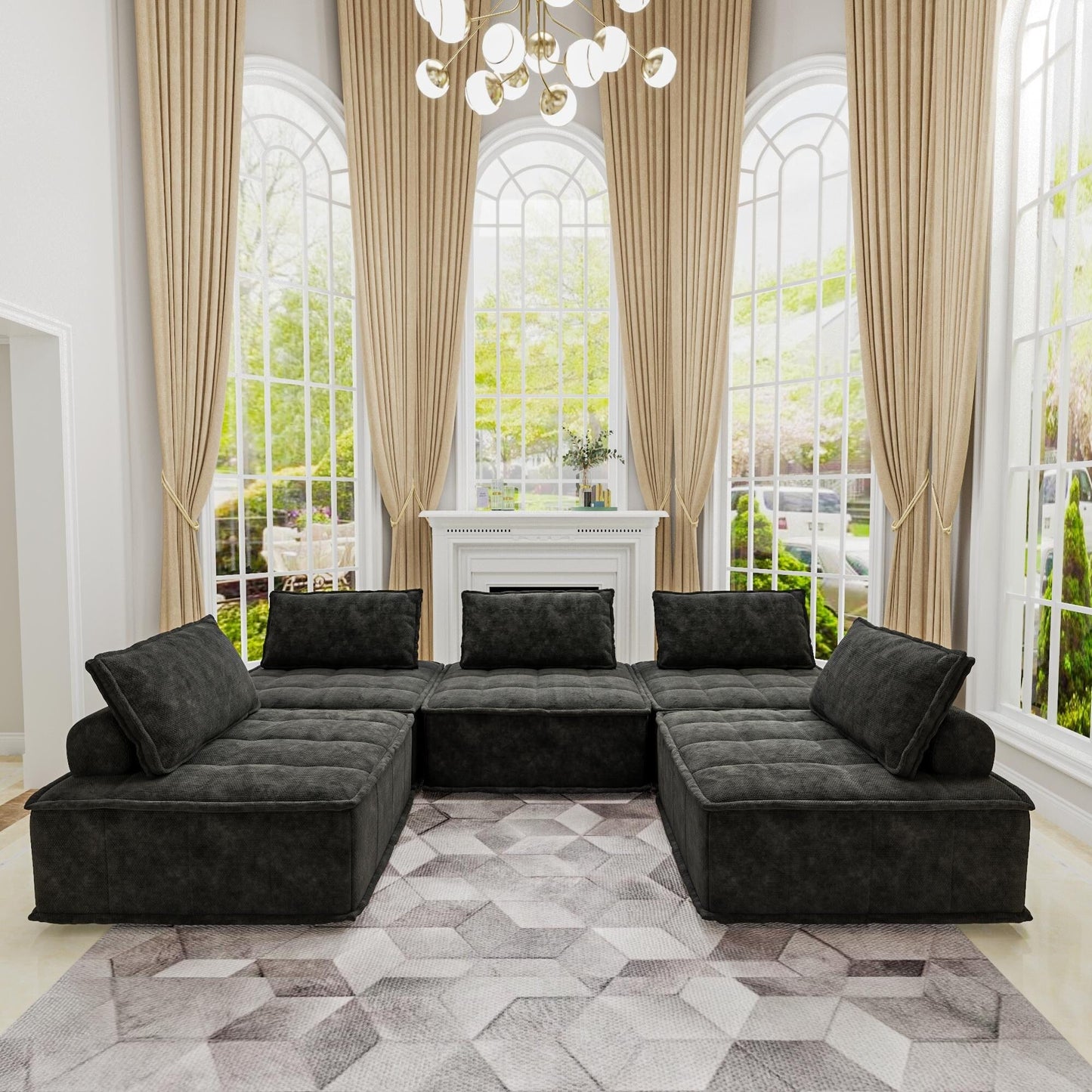 Black Oversized 5-piece Chenille Modular Square Sofa Set with High-Density Foam Cushions, Free Combination
