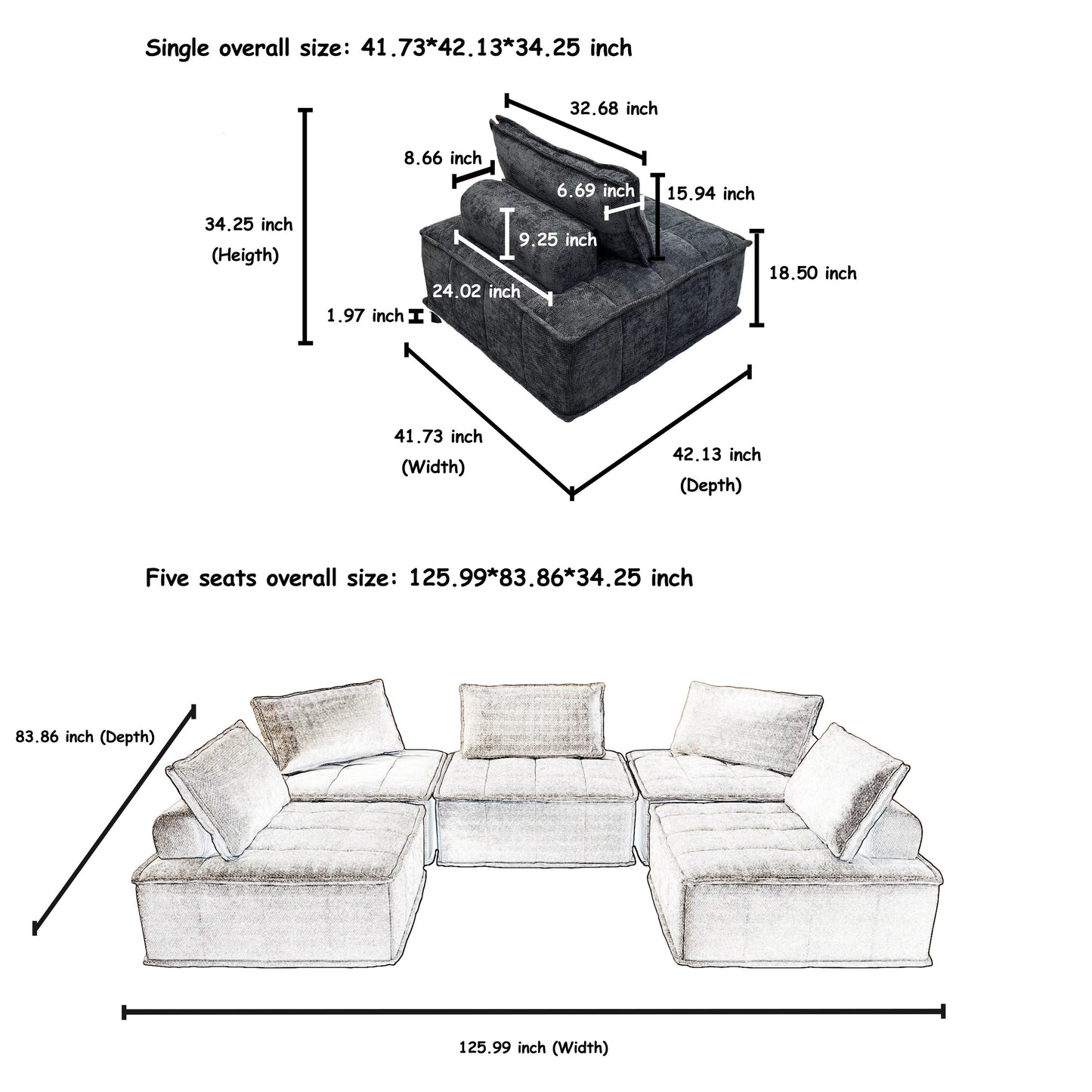 Black Oversized 5-piece Chenille Modular Square Sofa Set with High-Density Foam Cushions, Free Combination