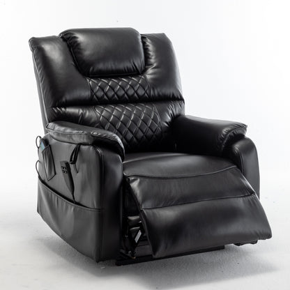 Black Oversized PU Leather Power Lift Recliner with Massage, Lumbar Heating, Side Pockets, 180Â° Flat Lay