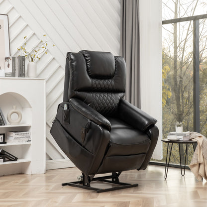 Black Oversized PU Leather Power Lift Recliner with Massage, Lumbar Heating, Side Pockets, 180Â° Flat Lay