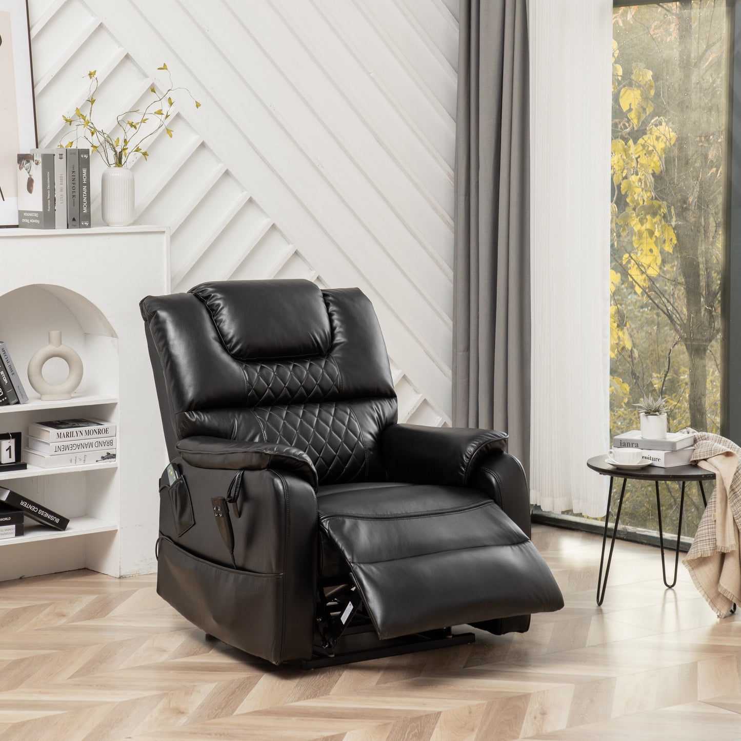 Black Oversized PU Leather Power Lift Recliner with Massage, Lumbar Heating, Side Pockets, 180Â° Flat Lay