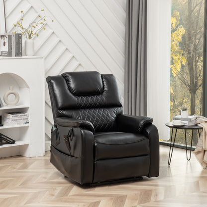 Black Oversized PU Leather Power Lift Recliner with Massage, Lumbar Heating, Side Pockets, 180Â° Flat Lay
