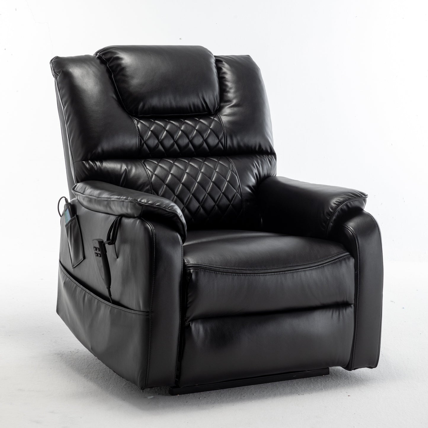 Black Oversized PU Leather Power Lift Recliner with Massage, Lumbar Heating, Side Pockets, 180Â° Flat Lay