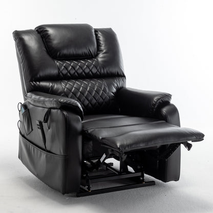 Black Oversized PU Leather Power Lift Recliner with Massage, Lumbar Heating, Side Pockets, 180Â° Flat Lay