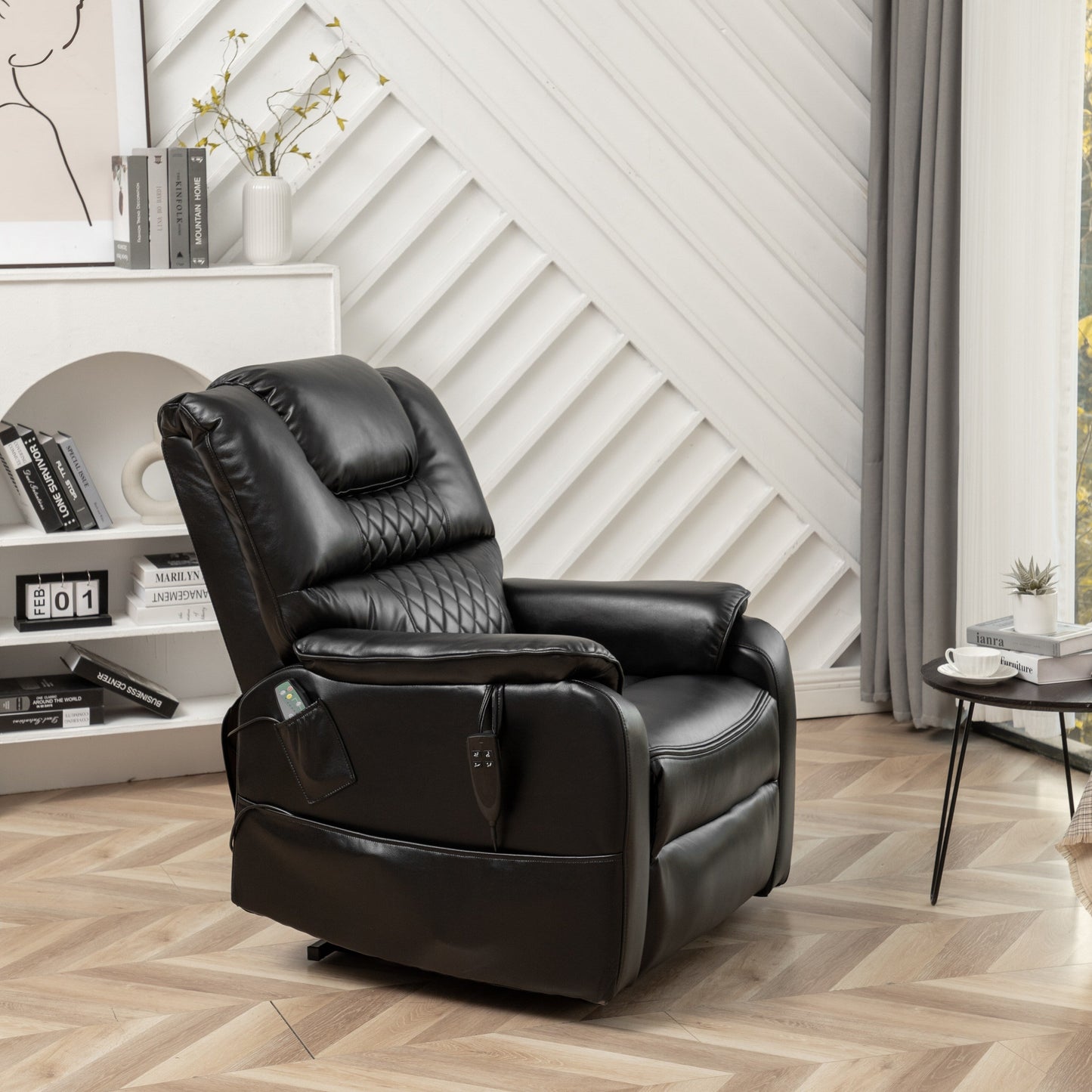 Black Oversized PU Leather Power Lift Recliner with Massage, Lumbar Heating, Side Pockets, 180Â° Flat Lay