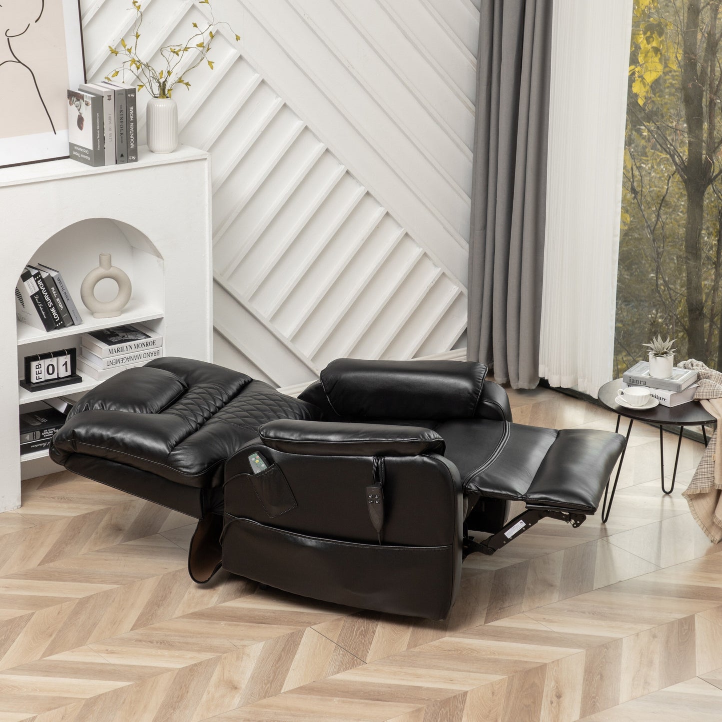 Black Oversized PU Leather Power Lift Recliner with Massage, Lumbar Heating, Side Pockets, 180Â° Flat Lay