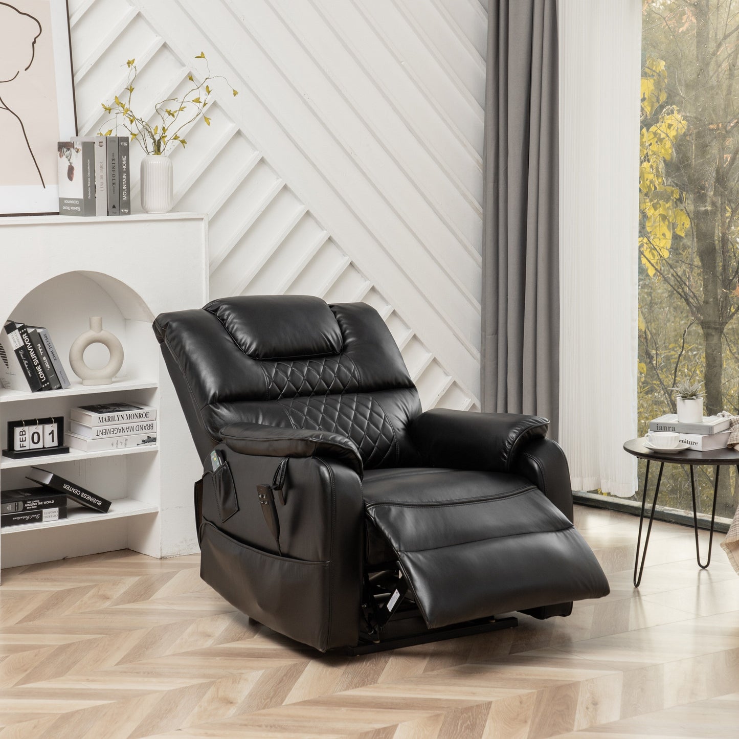 Black Oversized PU Leather Power Lift Recliner with Massage, Lumbar Heating, Side Pockets, 180Â° Flat Lay