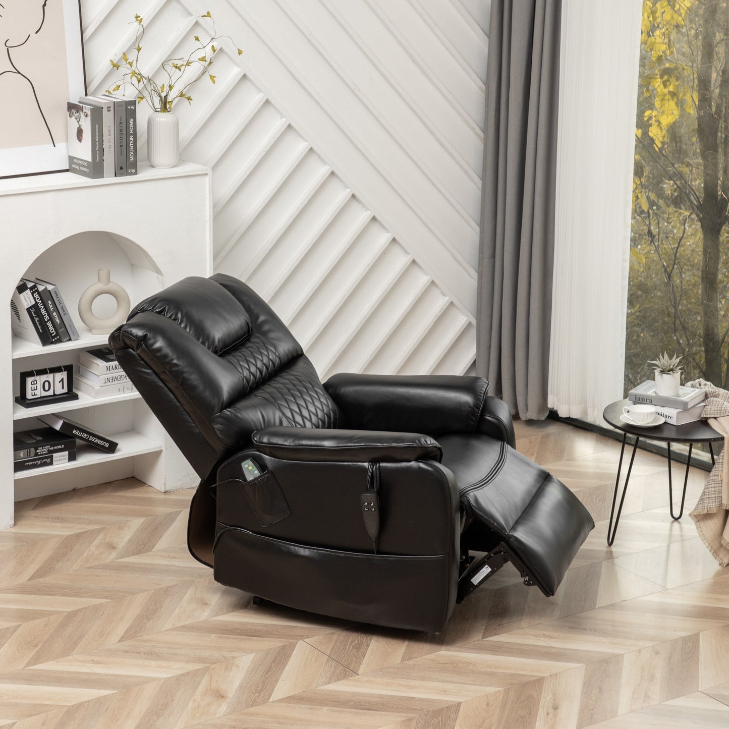 Black Oversized PU Leather Power Lift Recliner with Massage, Lumbar Heating, Side Pockets, 180Â° Flat Lay