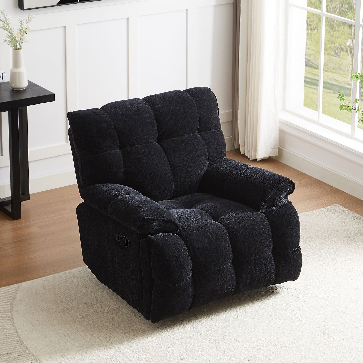 Black Overstuffed 360Â° Swivel Rocker Manual Recliner with Wider Armrests and Seat