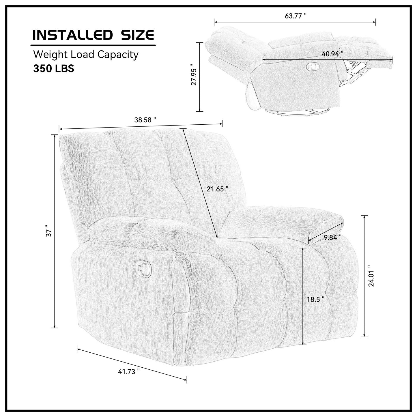 Black Overstuffed 360Â° Swivel Rocker Manual Recliner with Wider Armrests and Seat