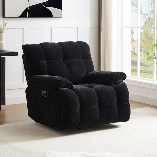 Black Overstuffed 360Â° Swivel Rocker Manual Recliner with Wider Armrests and Seat