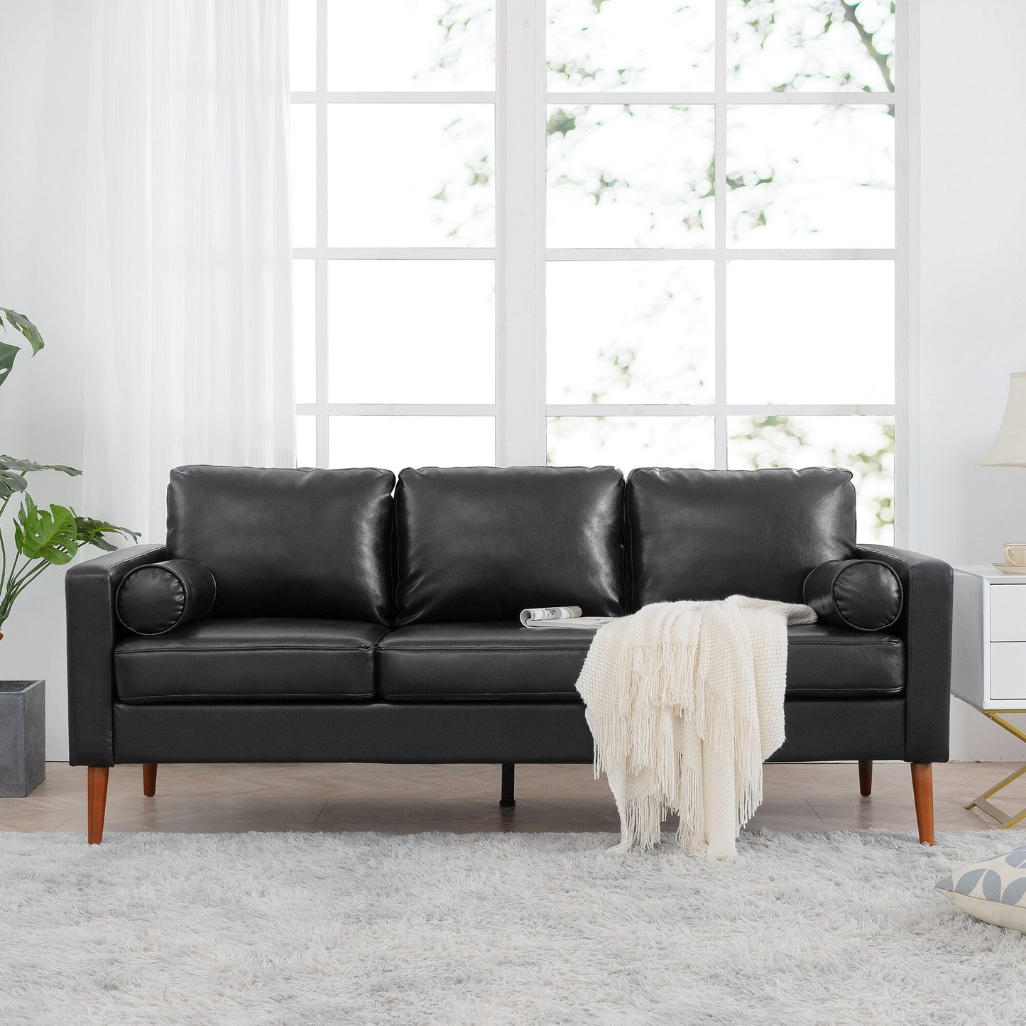 Black PU 3-seater Sofa with Iron Wood Structure