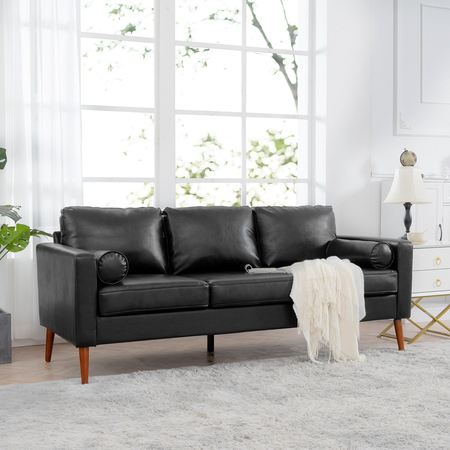 Black PU 3-seater Sofa with Iron Wood Structure