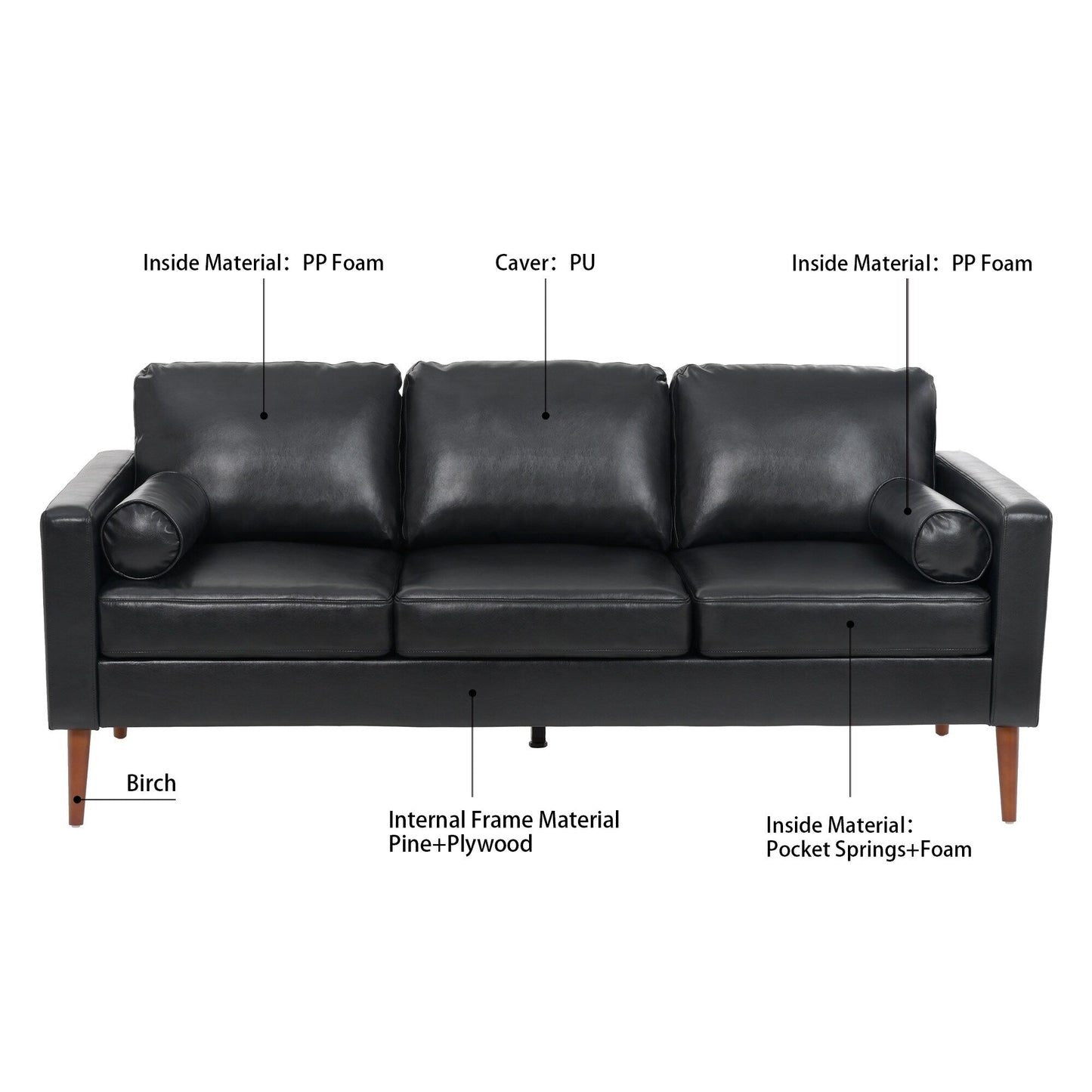 Black PU 3-seater Sofa with Iron Wood Structure
