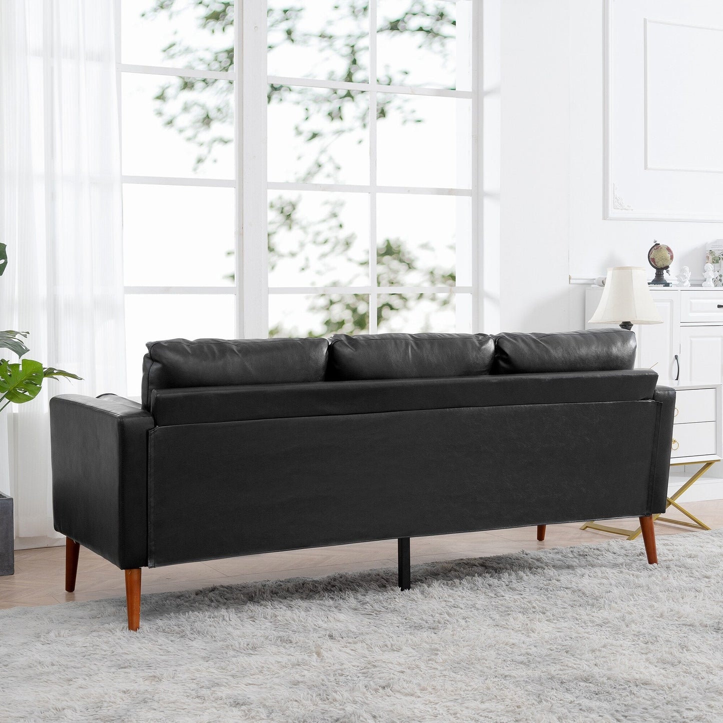 Black PU 3-seater Sofa with Iron Wood Structure