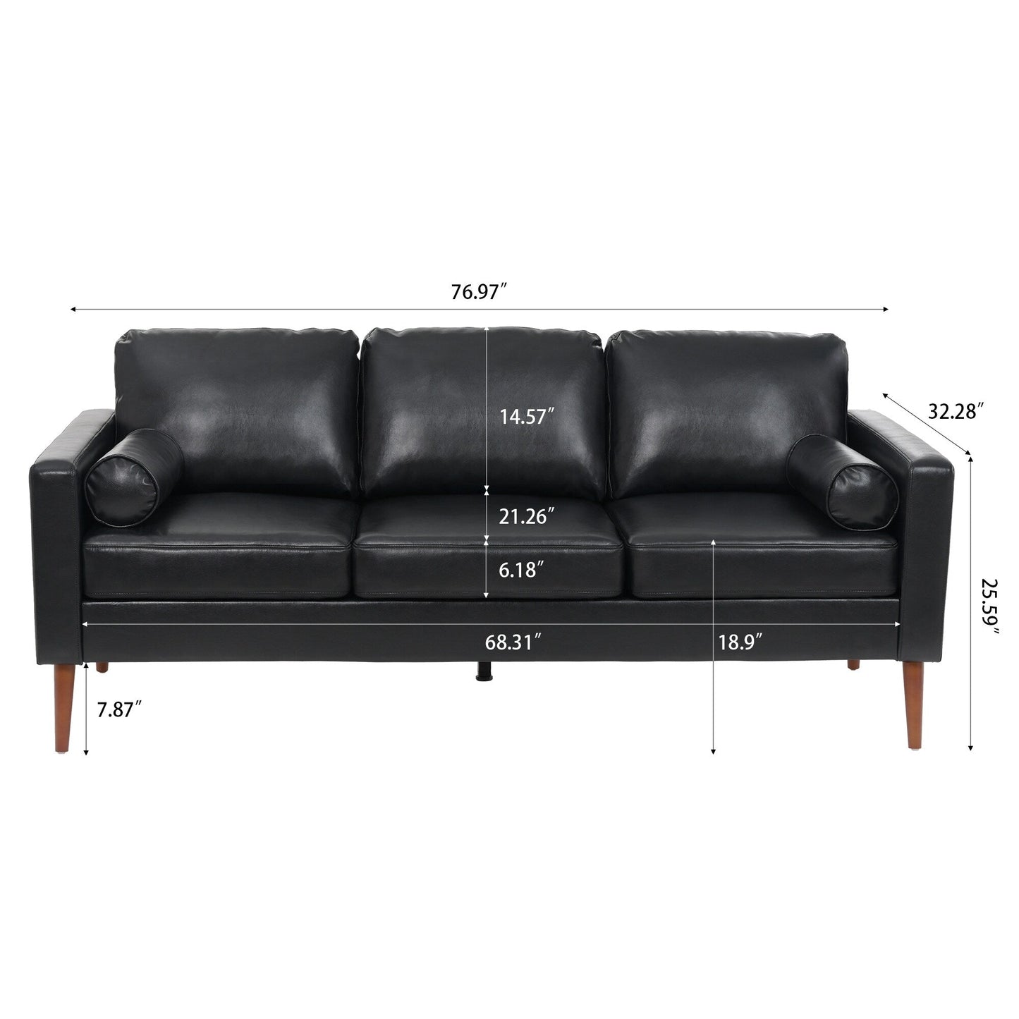 Black PU 3-seater Sofa with Iron Wood Structure