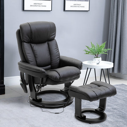 Black PU Leather 360Â° Swivel Manual Recliner Set with Ottoman, Full Body Vibration Massage, Side Pocket
