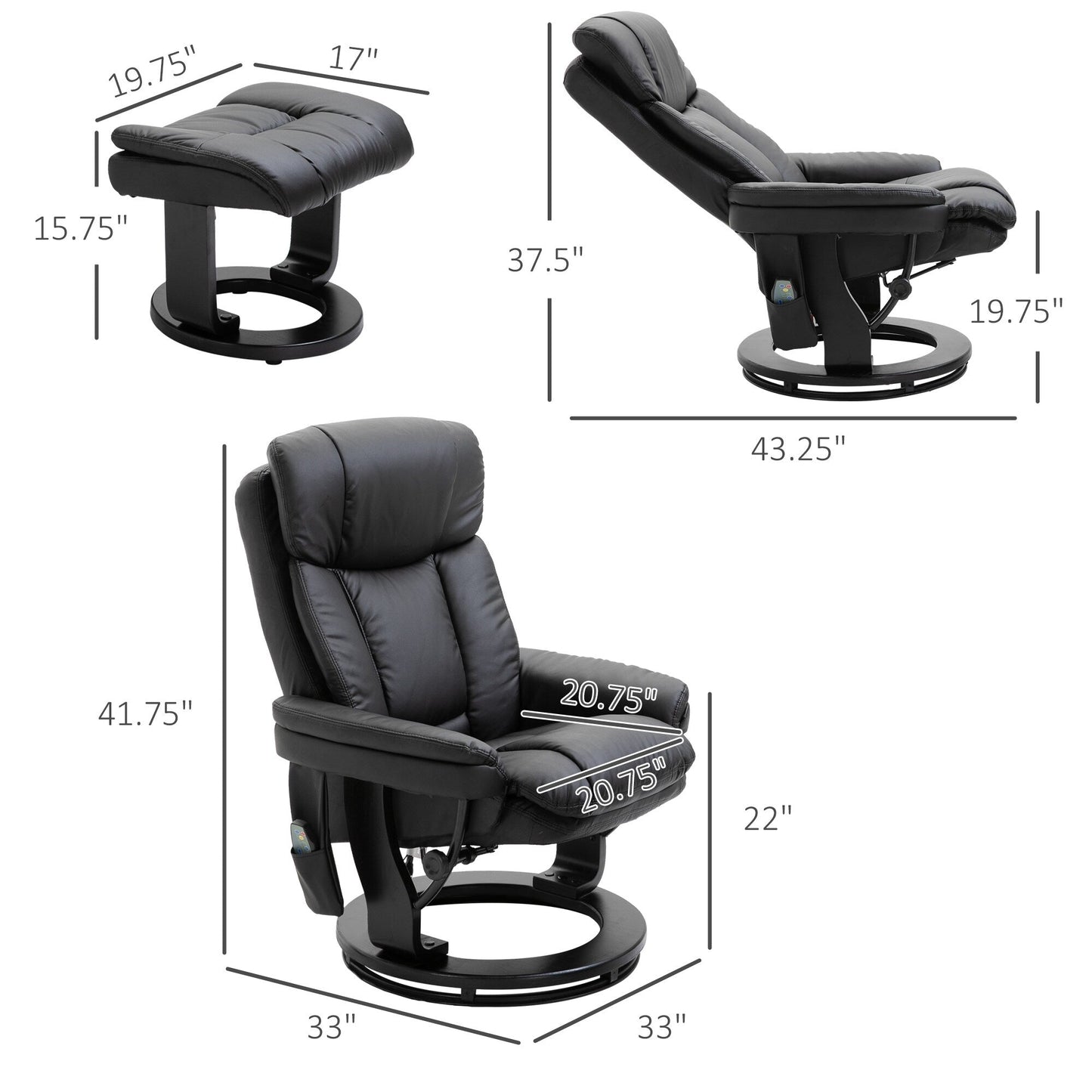 Black PU Leather 360Â° Swivel Manual Recliner Set with Ottoman, Full Body Vibration Massage, Side Pocket