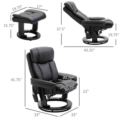 Black PU Leather 360Â° Swivel Manual Recliner Set with Ottoman, Full Body Vibration Massage, Side Pocket