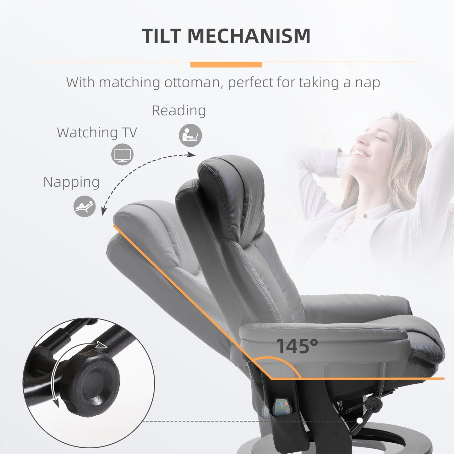 Black PU Leather 360Â° Swivel Manual Recliner Set with Ottoman, Full Body Vibration Massage, Side Pocket