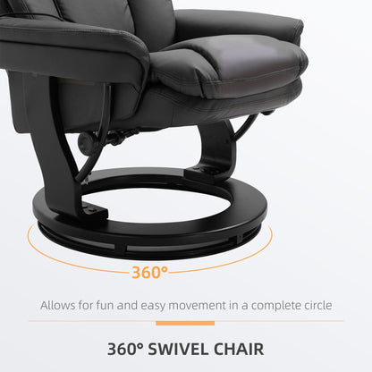 Black PU Leather 360Â° Swivel Manual Recliner Set with Ottoman, Full Body Vibration Massage, Side Pocket