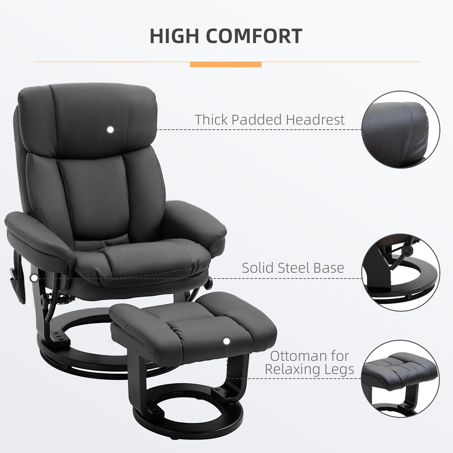 Black PU Leather 360Â° Swivel Manual Recliner Set with Ottoman, Full Body Vibration Massage, Side Pocket