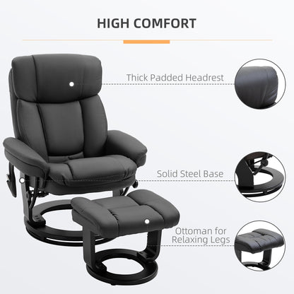 Black PU Leather 360Â° Swivel Manual Recliner Set with Ottoman, Full Body Vibration Massage, Side Pocket