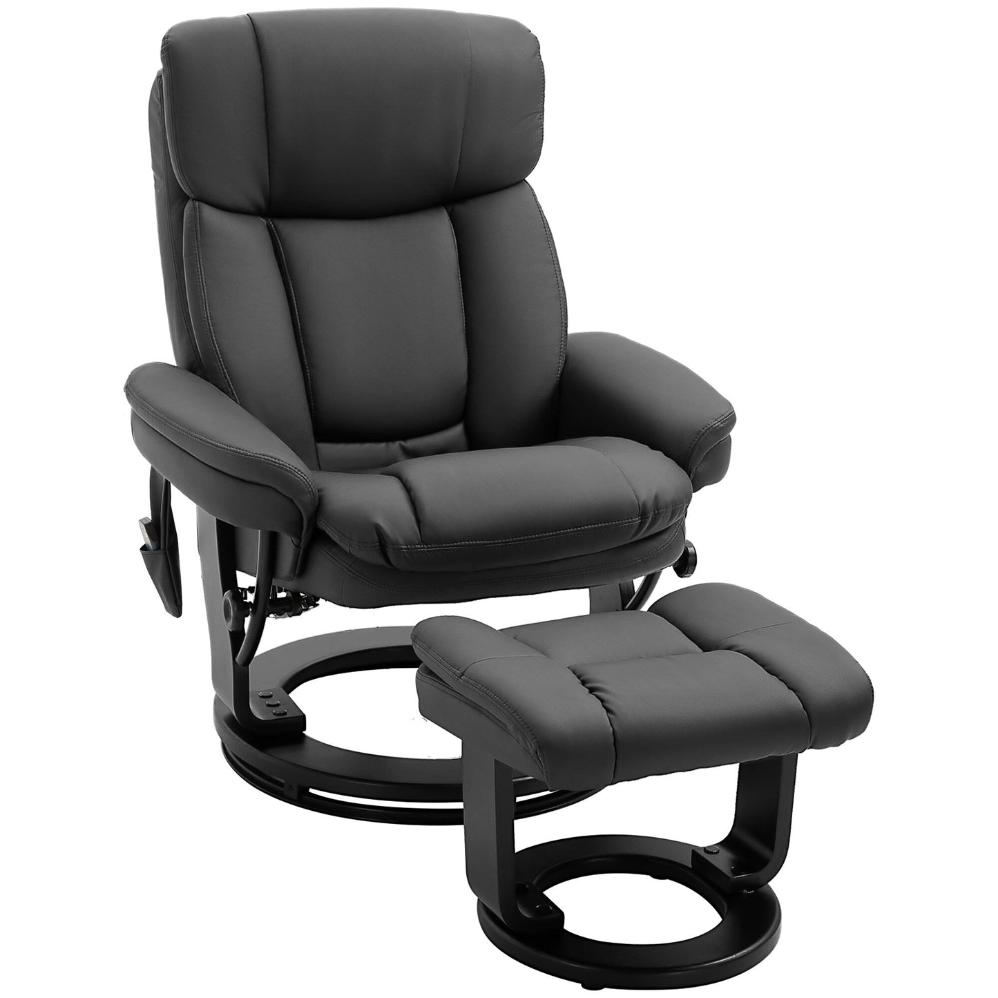 Black PU Leather 360Â° Swivel Manual Recliner Set with Ottoman, Full Body Vibration Massage, Side Pocket