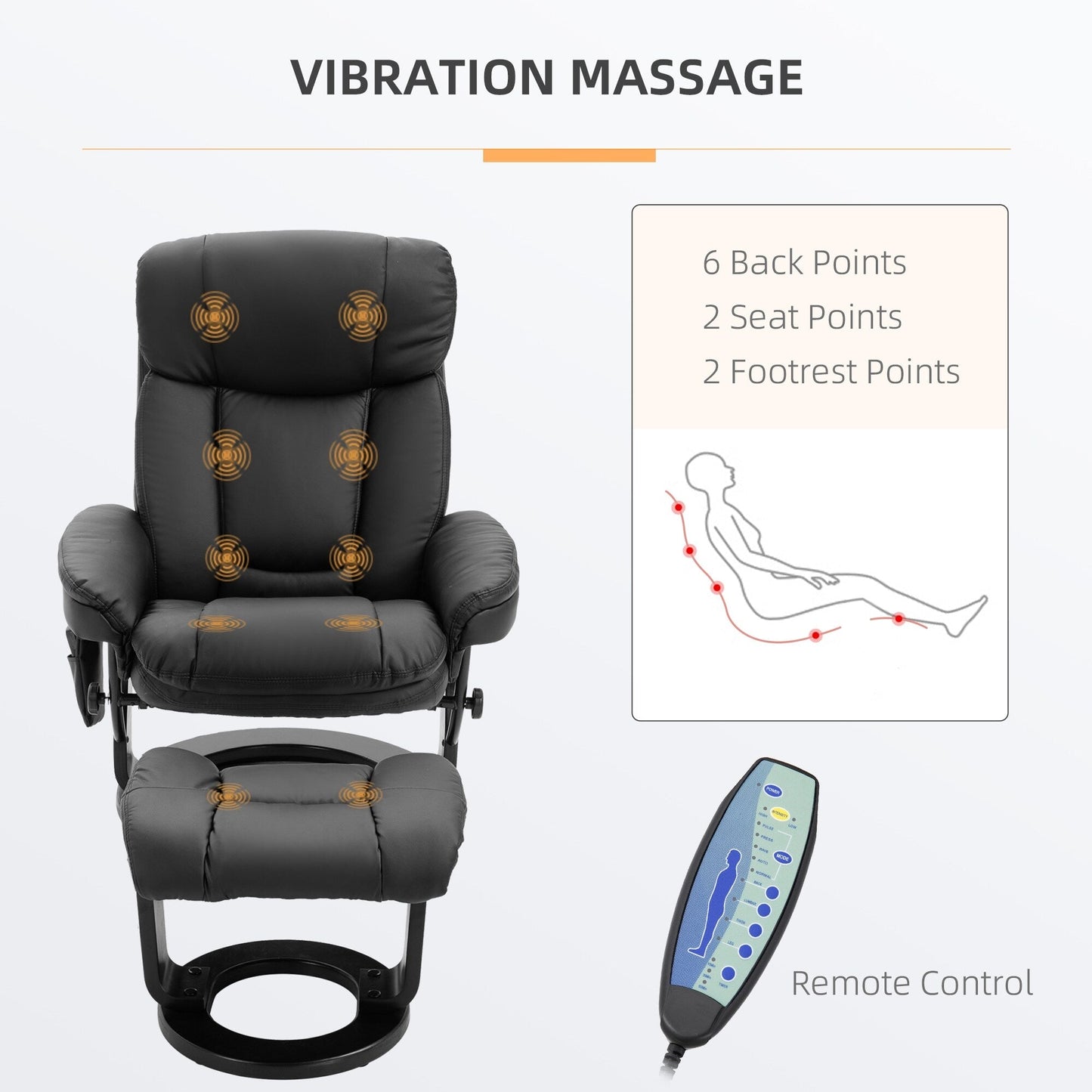 Black PU Leather 360Â° Swivel Manual Recliner Set with Ottoman, Full Body Vibration Massage, Side Pocket