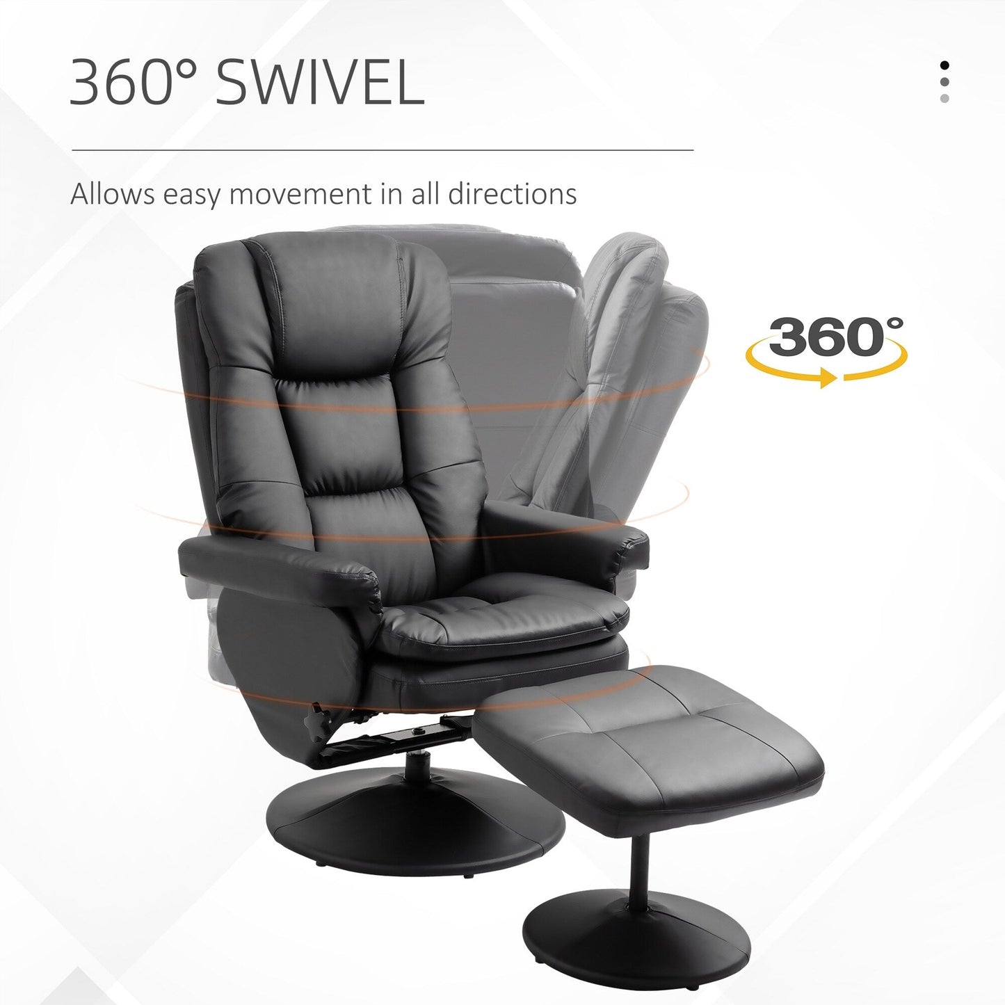 Black PU Leather Recliner Chair with Ottoman, Adjustable Backrest, Swivel Base