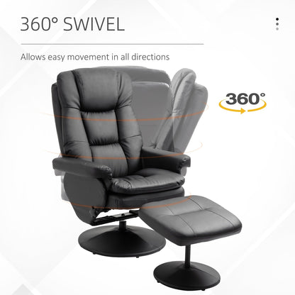 Black PU Leather Recliner Chair with Ottoman, Adjustable Backrest, Swivel Base