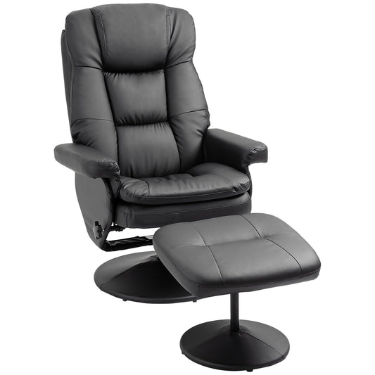 Black PU Leather Recliner Chair with Ottoman, Adjustable Backrest, Swivel Base