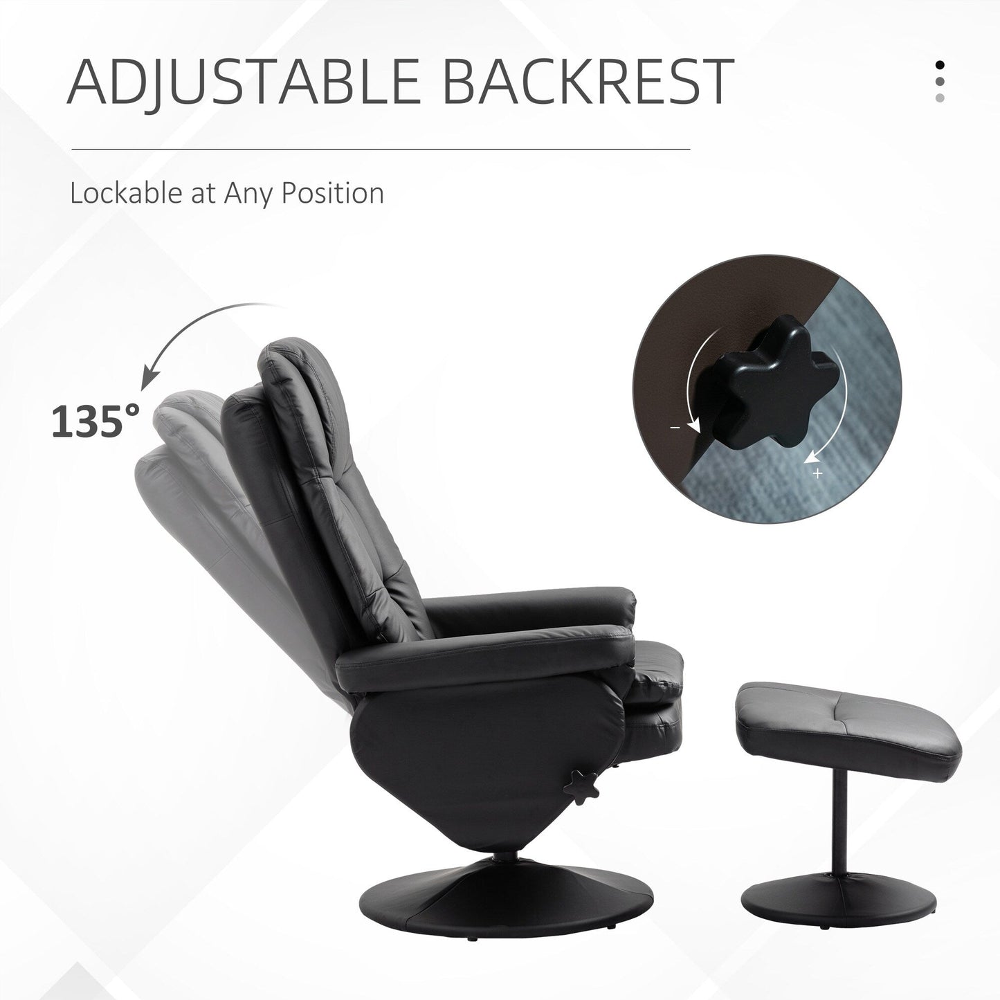 Black PU Leather Recliner Chair with Ottoman, Adjustable Backrest, Swivel Base