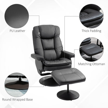 Black PU Leather Recliner Chair with Ottoman, Adjustable Backrest, Swivel Base