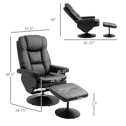 Black PU Leather Recliner Chair with Ottoman, Adjustable Backrest, Swivel Base