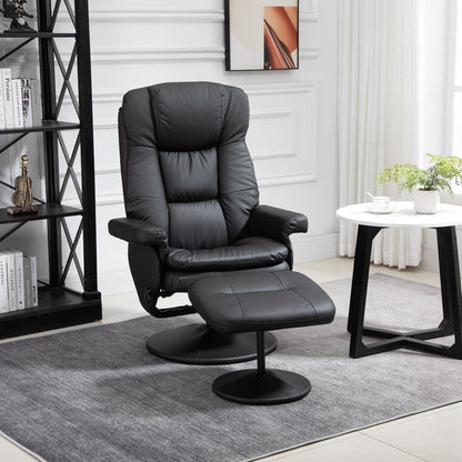 Black PU Leather Recliner Chair with Ottoman, Adjustable Backrest, Swivel Base