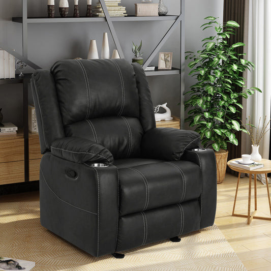 Black PU Leather Recliner Chair with Steel Cup Holders, Effortless Reclining, and Luxurious Comfort for Relaxation