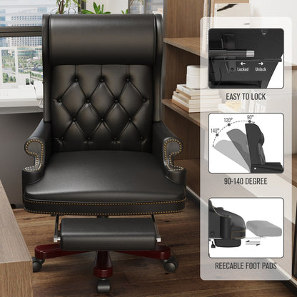 Black PU Leather Swivel Office Recliner with Footrest, Button-Tufted Backrest, Nailhead Accents