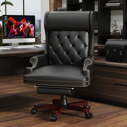 Black PU Leather Swivel Office Recliner with Footrest, Button-Tufted Backrest, Nailhead Accents