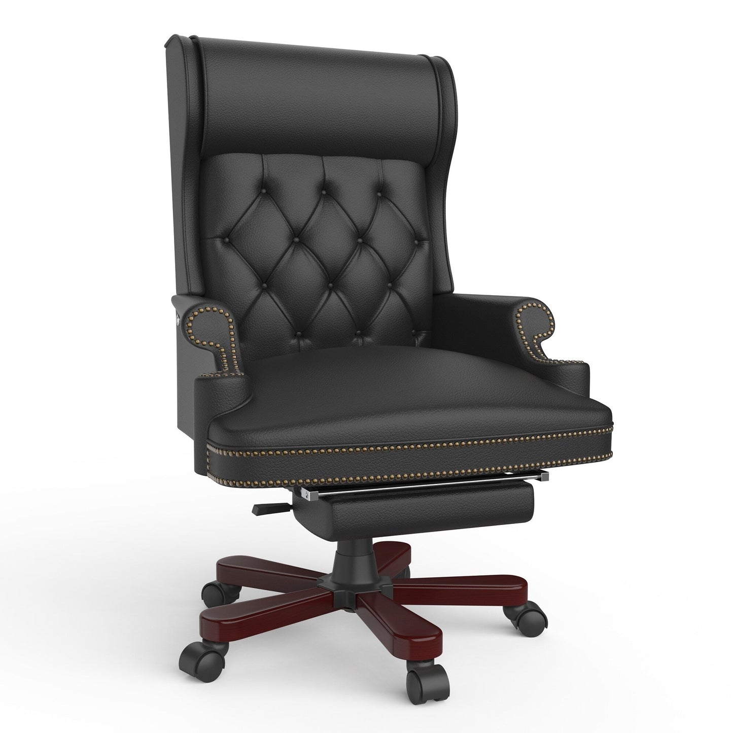 Black PU Leather Swivel Office Recliner with Footrest, Button-Tufted Backrest, Nailhead Accents