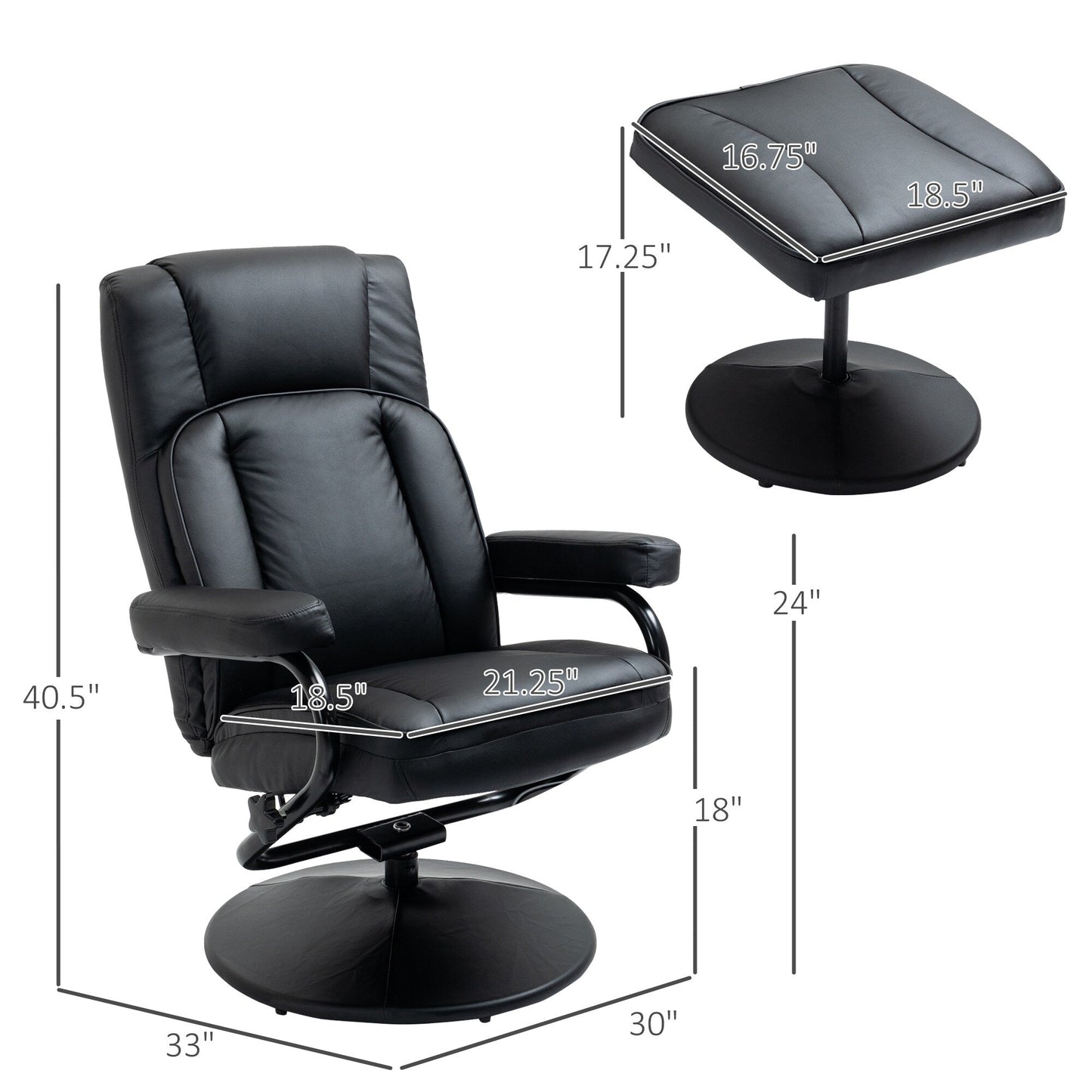Black PU Leather Swivel Recliner Chair with Ottoman Footrest, Manual Adjustments
