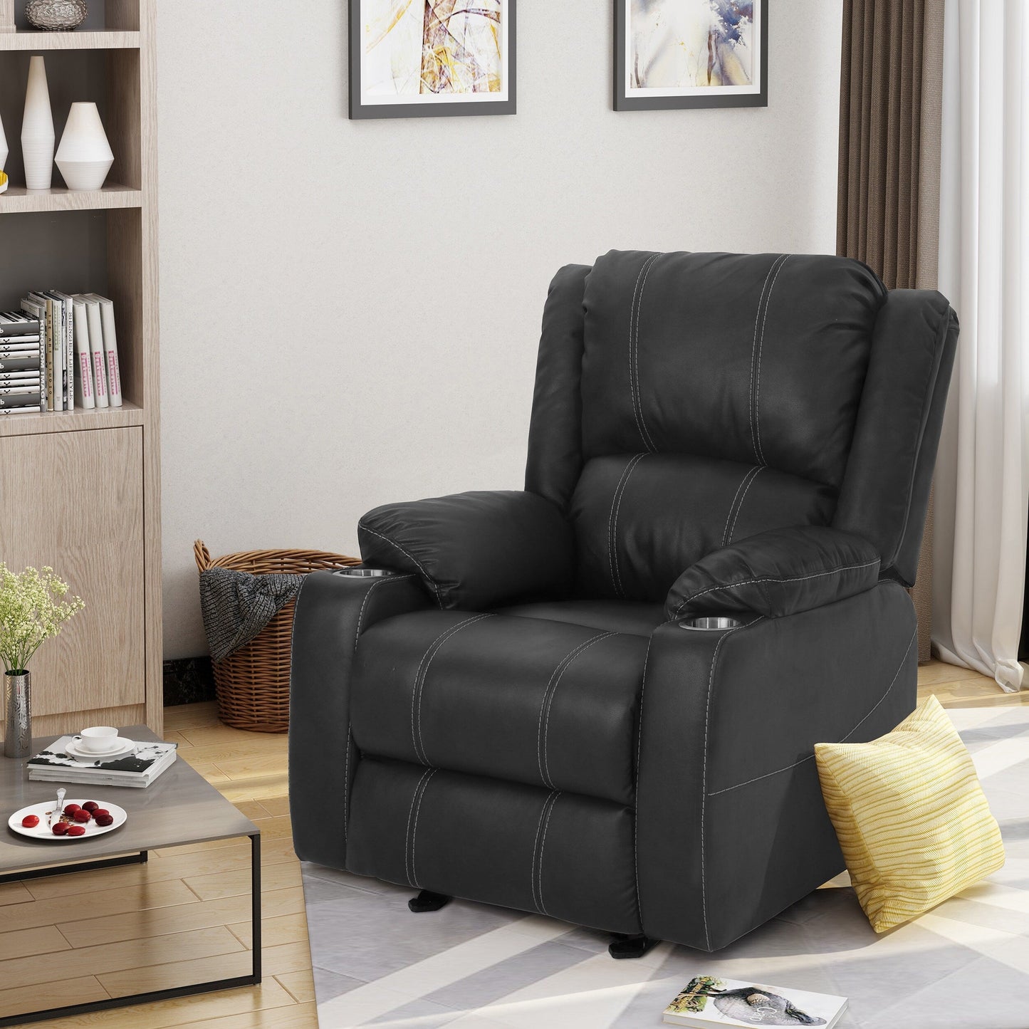 Black PU Leather Upholstery Recliner Chair with Steel Cup Holders , Effortless Reclining, Luxurious Comfort