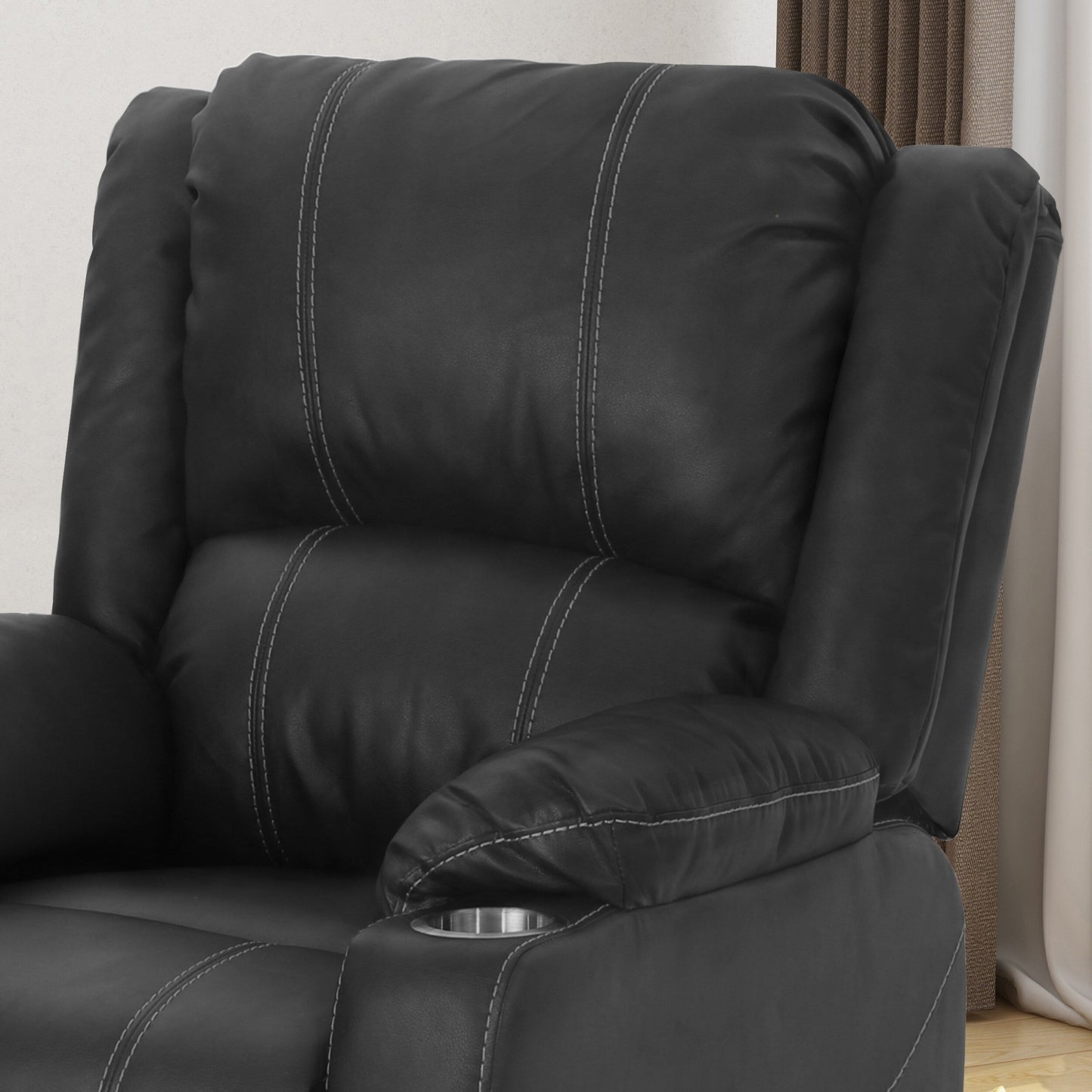 Black PU Leather Upholstery Recliner Chair with Steel Cup Holders , Effortless Reclining, Luxurious Comfort