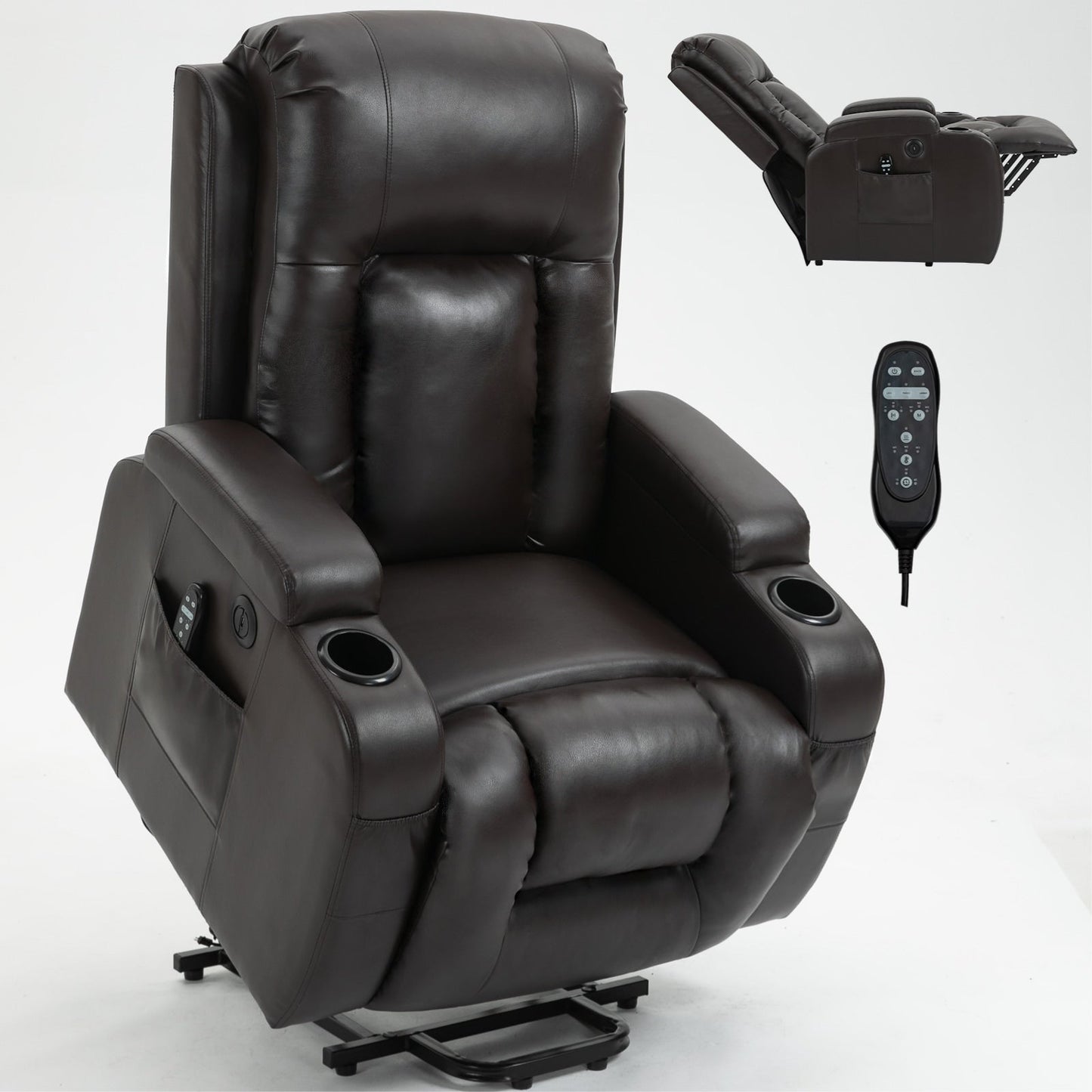 Black Power Lift Recliner Chair with 8-Point Massage, Lumbar Heating, USB Charging, Cup Holders, and Heavy Duty Mechanism