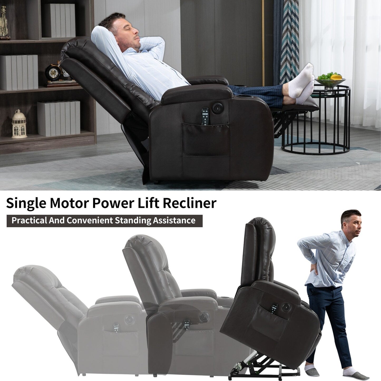 Black Power Lift Recliner Chair with 8-Point Massage, Lumbar Heating, USB Charging, Cup Holders, and Heavy Duty Mechanism