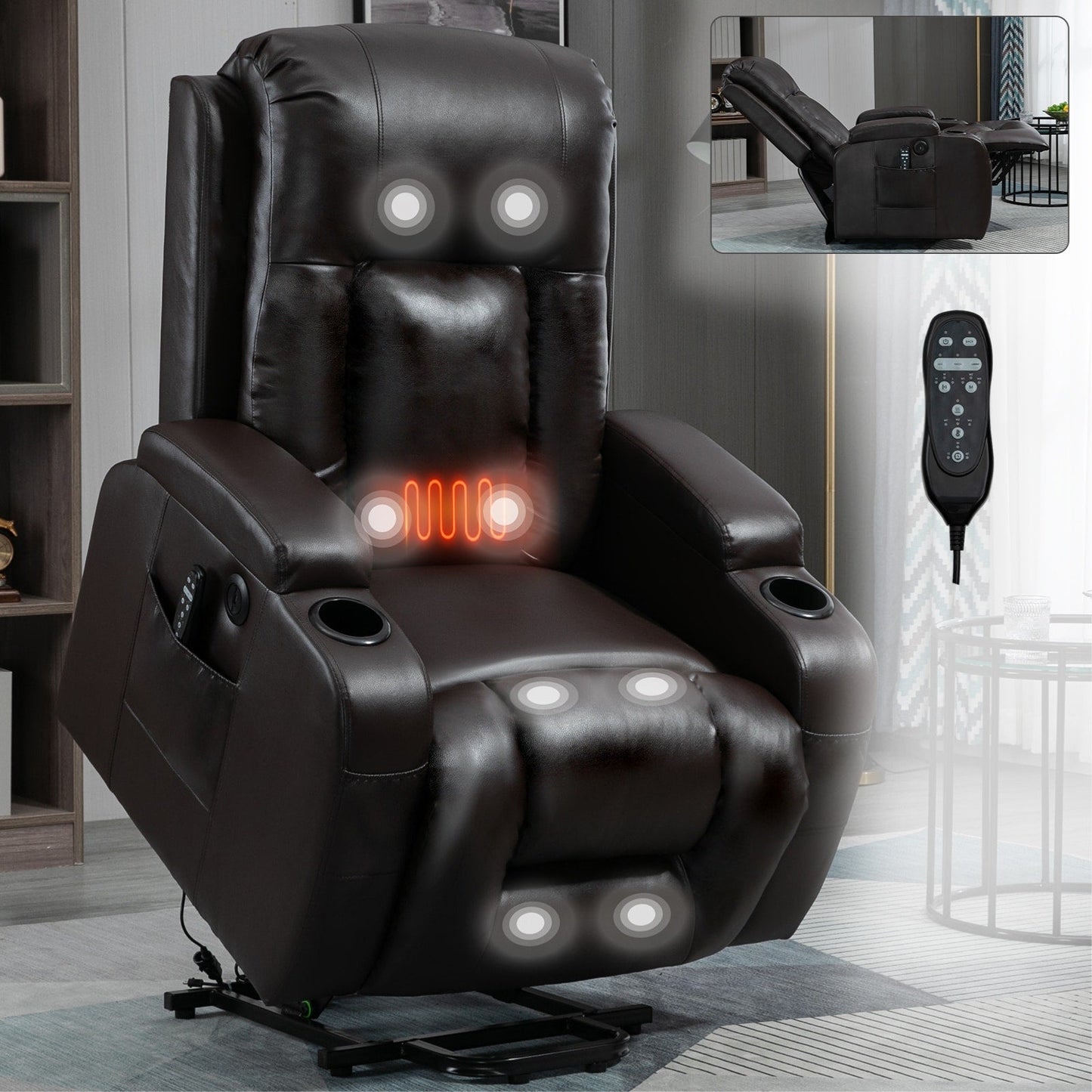 Black Power Lift Recliner with 8-Point Massage, Heated Lumbar, USB Ports, Cup Holders, and Durable Mechanism