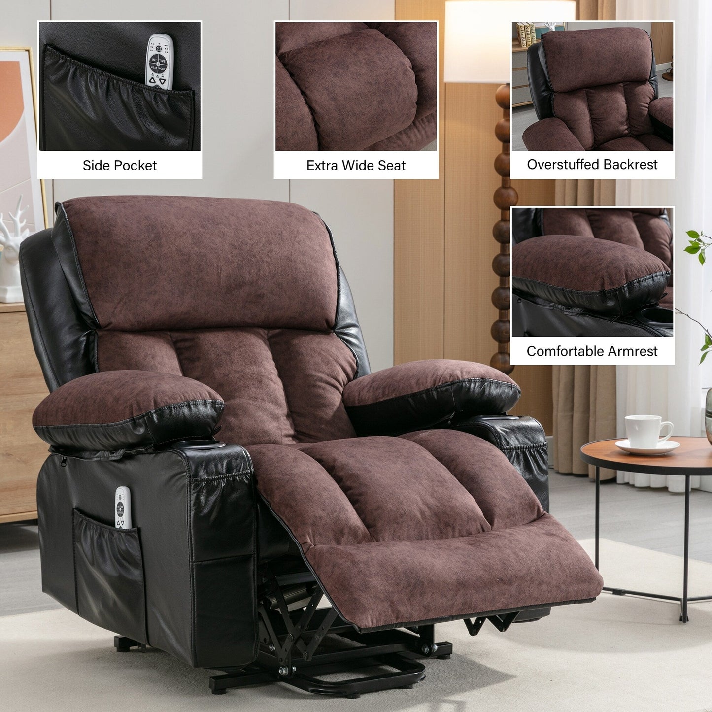 Black Power Lift Recliner with Massage, Heat & PU Leather